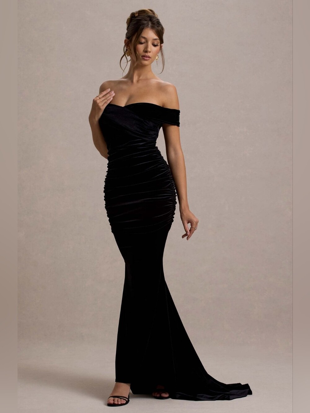 Club L Apolline Black Velvet Off The Shoulder Ruched Fishtail Maxi Dress 4US